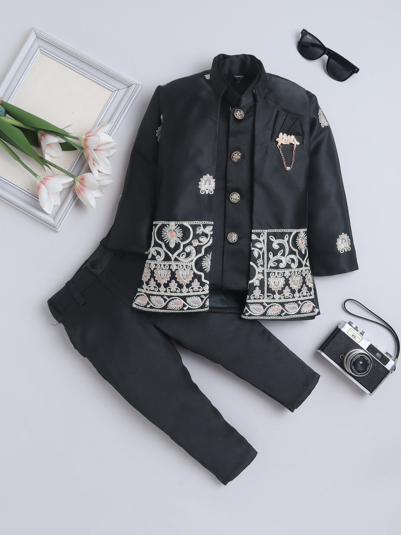 Boys Embroidered Sherwani & Trouser Set With Shrug