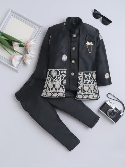 Boys Embroidered Sherwani & Trouser Set With Shrug