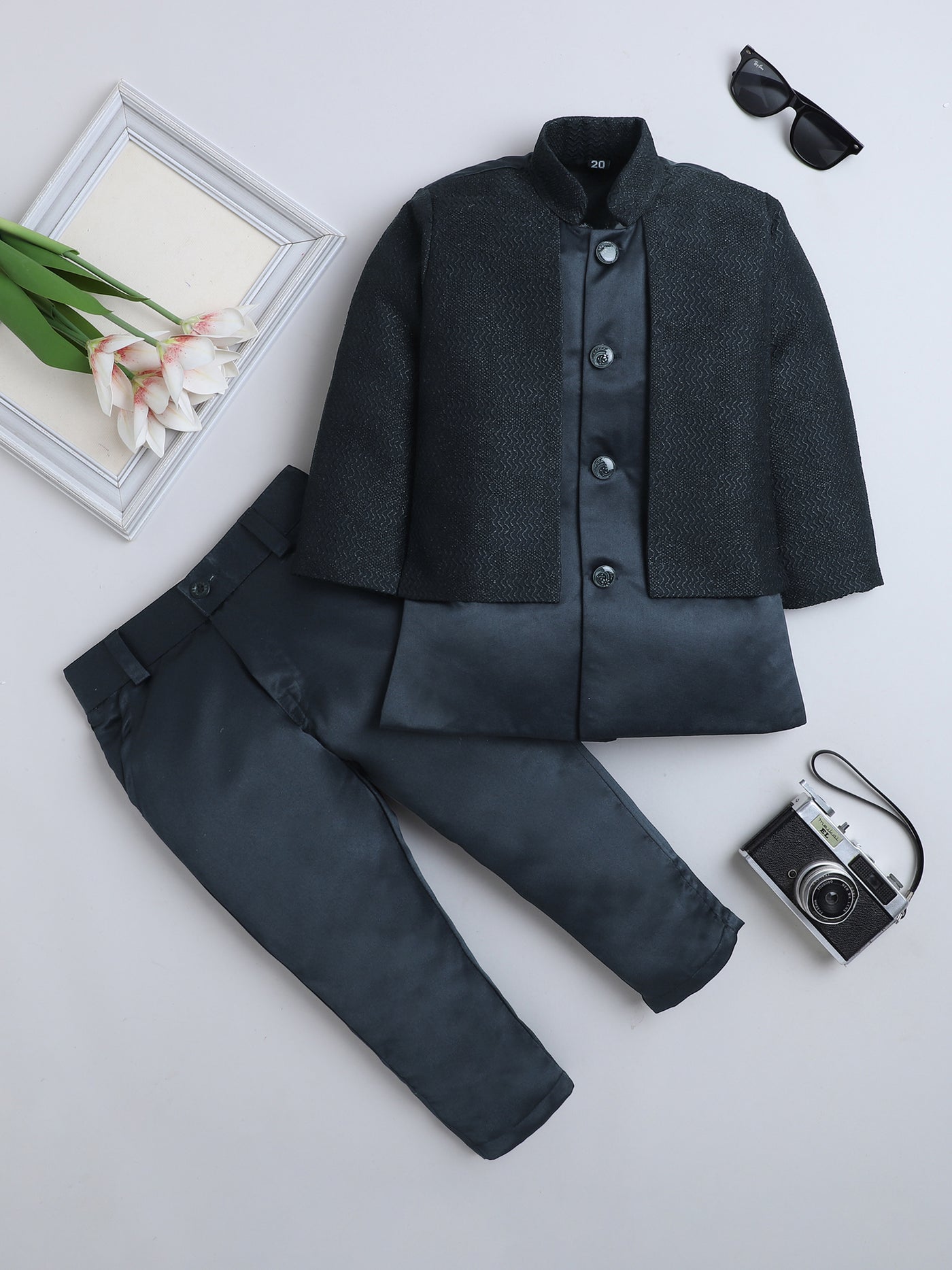 Boys Jacquard Zigzag Pattern Sherwani & Trouser Set