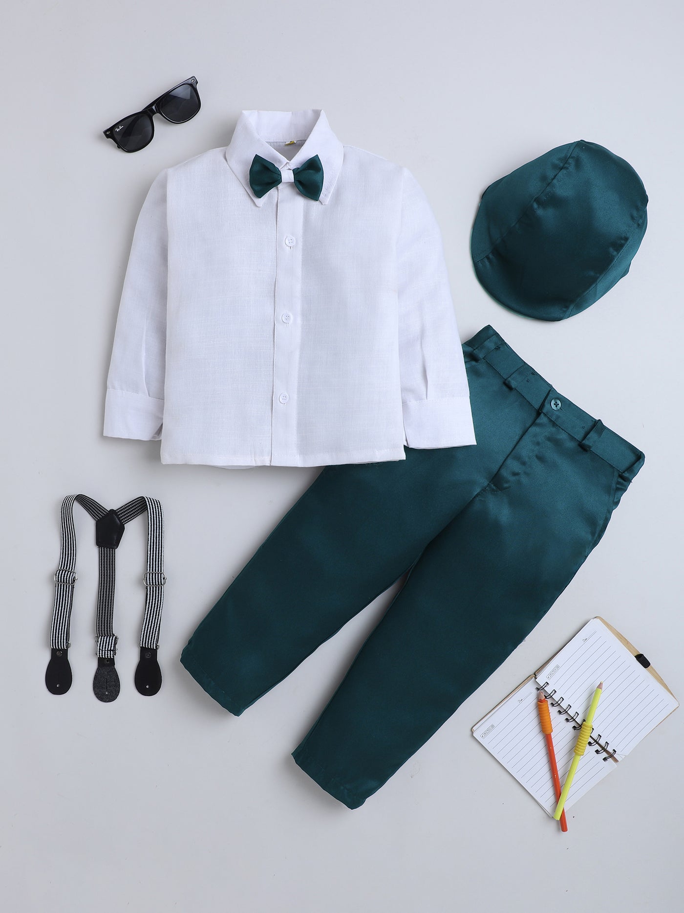Boys Cotton Full Sleeves Solid Shirt & Trouser Set With Cap, Suspender, Bow