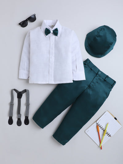 Boys Cotton Full Sleeves Solid Shirt & Trouser Set With Cap, Suspender, Bow