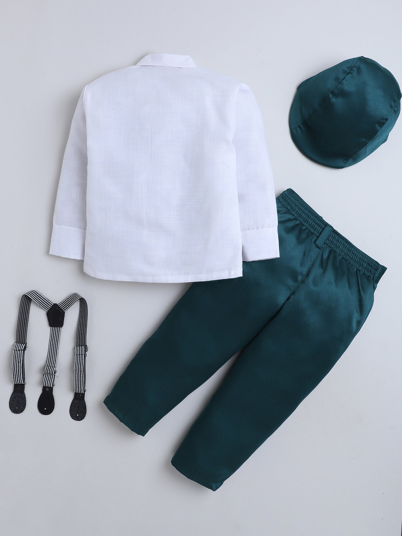 Boys Cotton Full Sleeves Solid Shirt & Trouser Set With Cap, Suspender, Bow