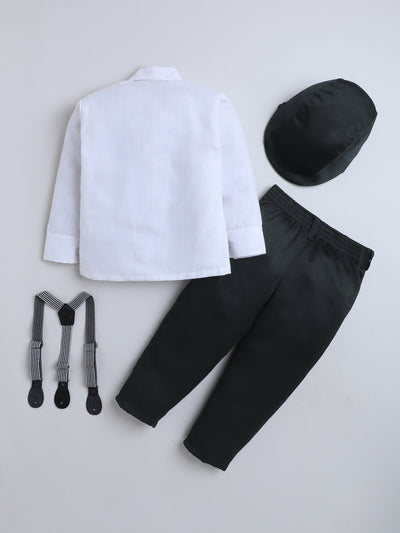 Boys Cotton Full Sleeves Solid Shirt & Trouser Set With Cap, Suspender, Bow