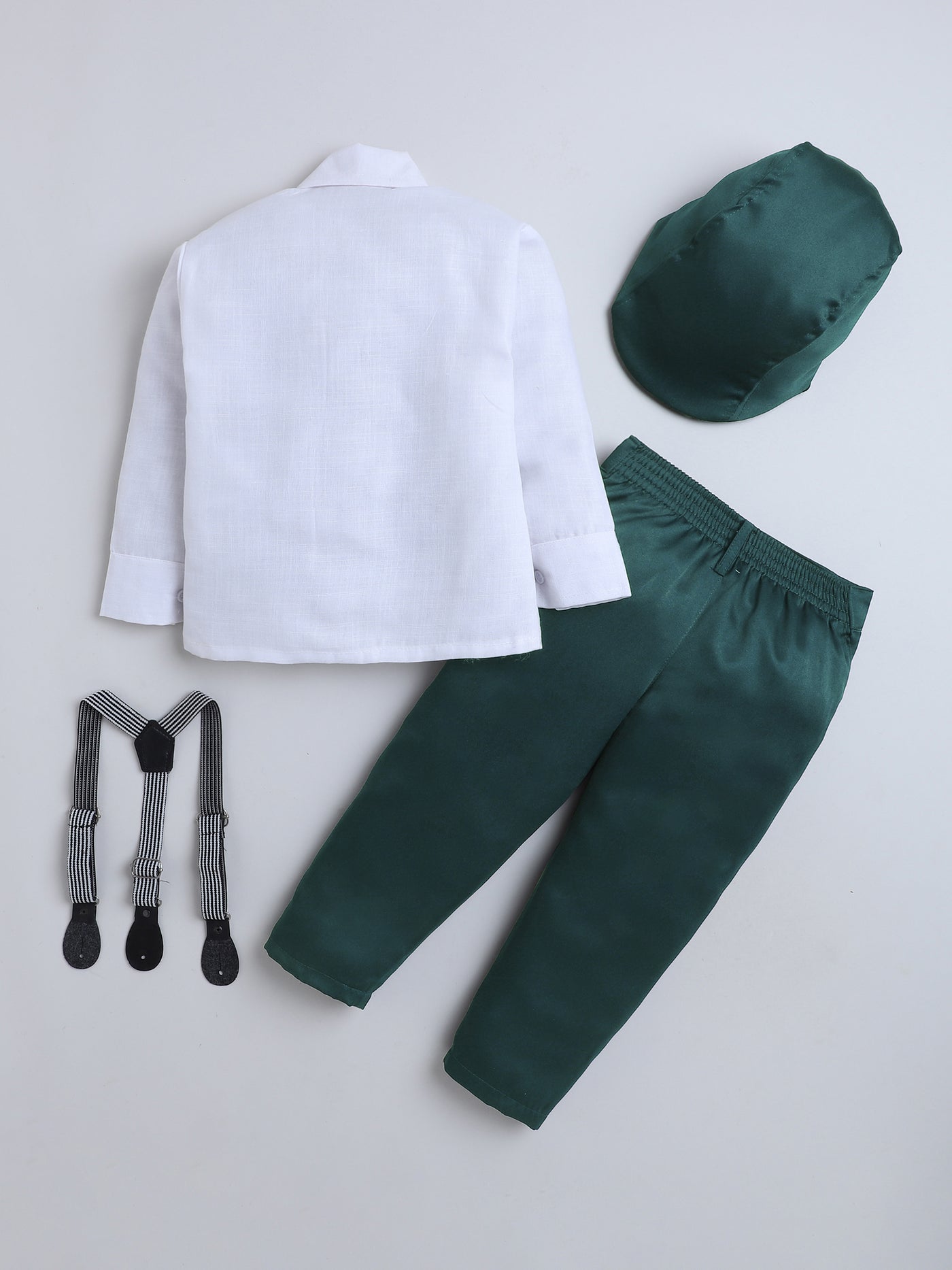 Boys Cotton Full Sleeves Solid Shirt & Trouser Set With Cap, Suspender, Bow