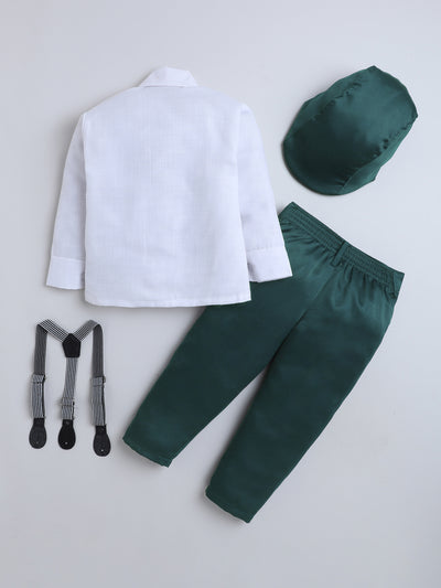 Boys Cotton Full Sleeves Solid Shirt & Trouser Set With Cap, Suspender, Bow