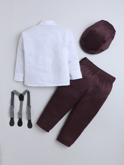 Boys Cotton Full Sleeves Solid Shirt & Trouser Set With Cap, Suspender, Bow