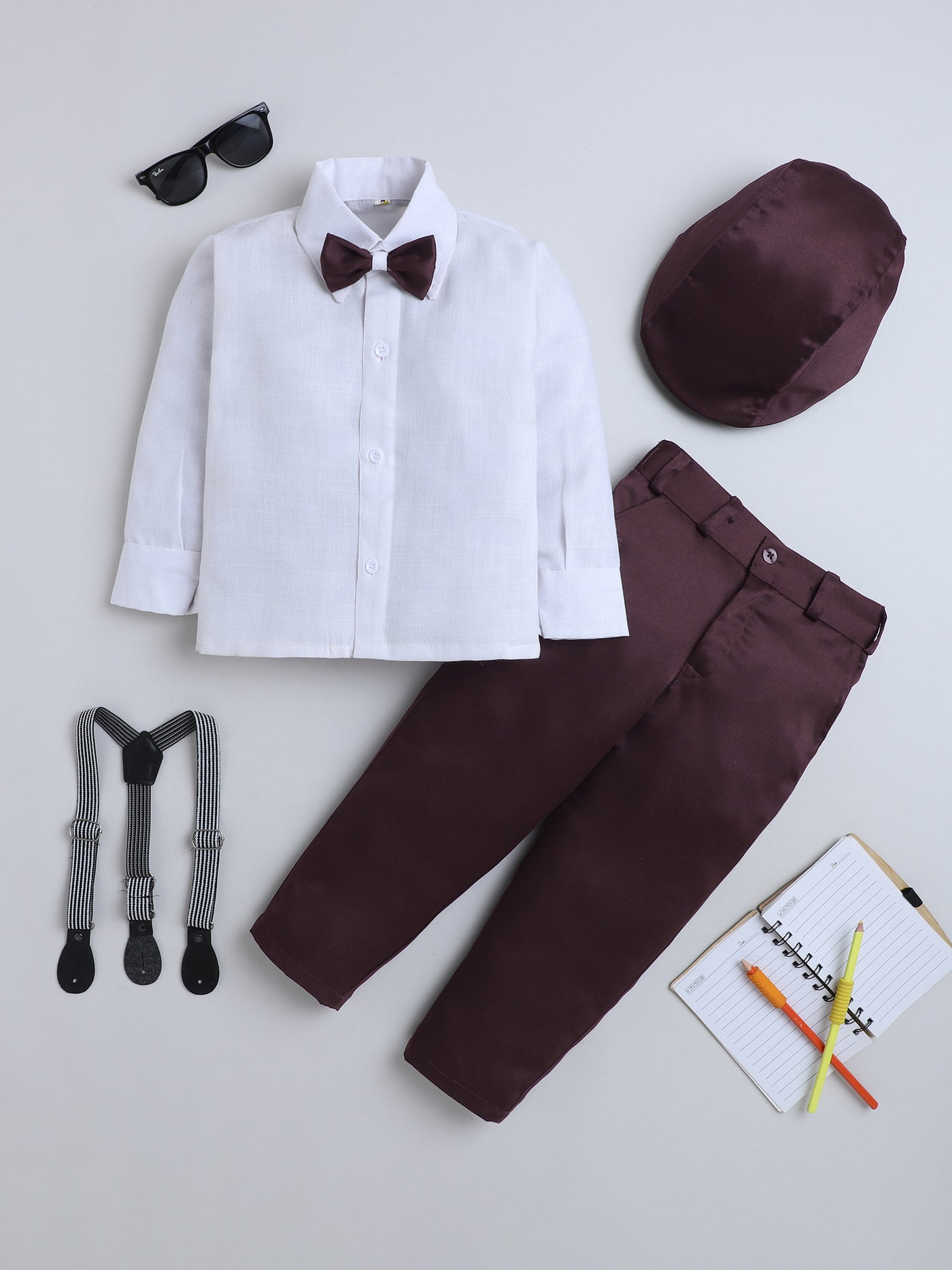 Boys Cotton Full Sleeves Solid Shirt & Trouser Set With Cap, Suspender, Bow