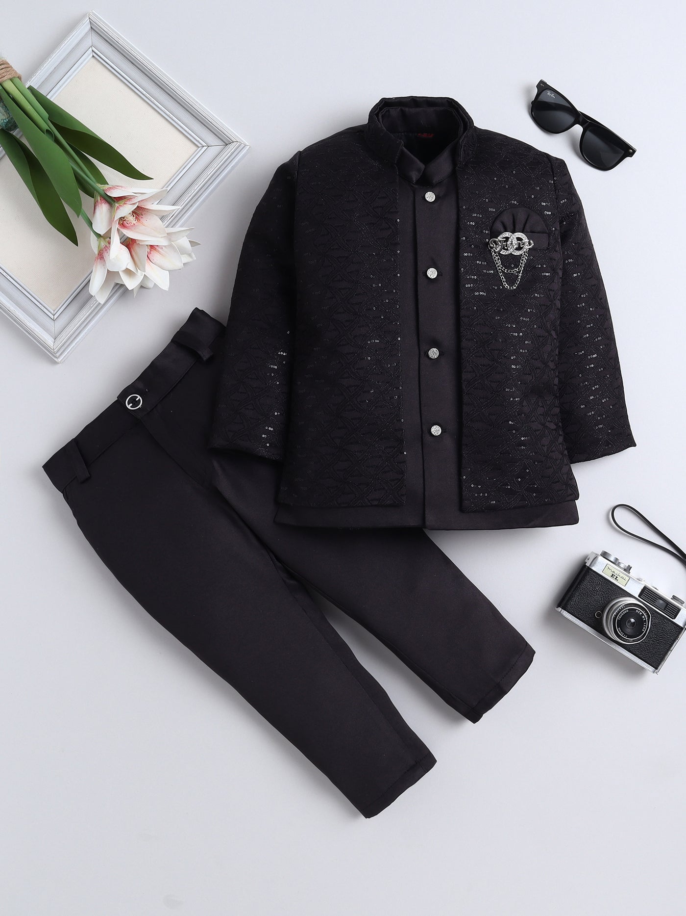 Boys Geometric Sequins Embellished Sherwani Set