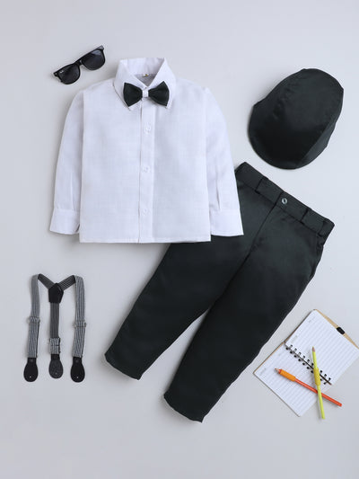 Boys Cotton Full Sleeves Solid Shirt & Trouser Set With Cap, Suspender, Bow