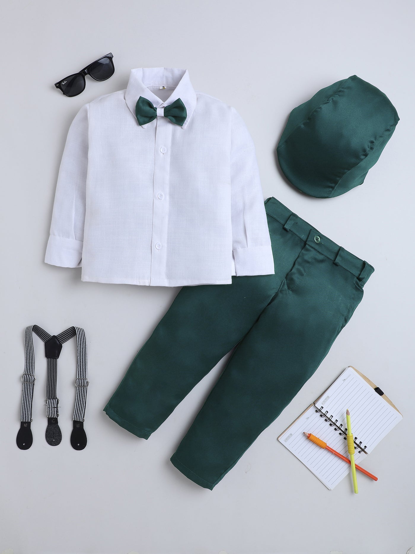 Boys Cotton Full Sleeves Solid Shirt & Trouser Set With Cap, Suspender, Bow