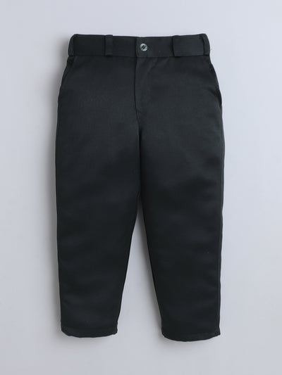 Boys Cotton Full Sleeves Solid Shirt & Trouser Set With Cap, Suspender, Bow