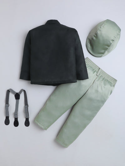 Boys Cotton Full Sleeves Solid Shirt & Trouser Set With Cap, Suspender, Bow