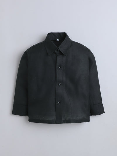 Boys Cotton Full Sleeves Solid Shirt & Trouser Set With Cap, Suspender, Bow