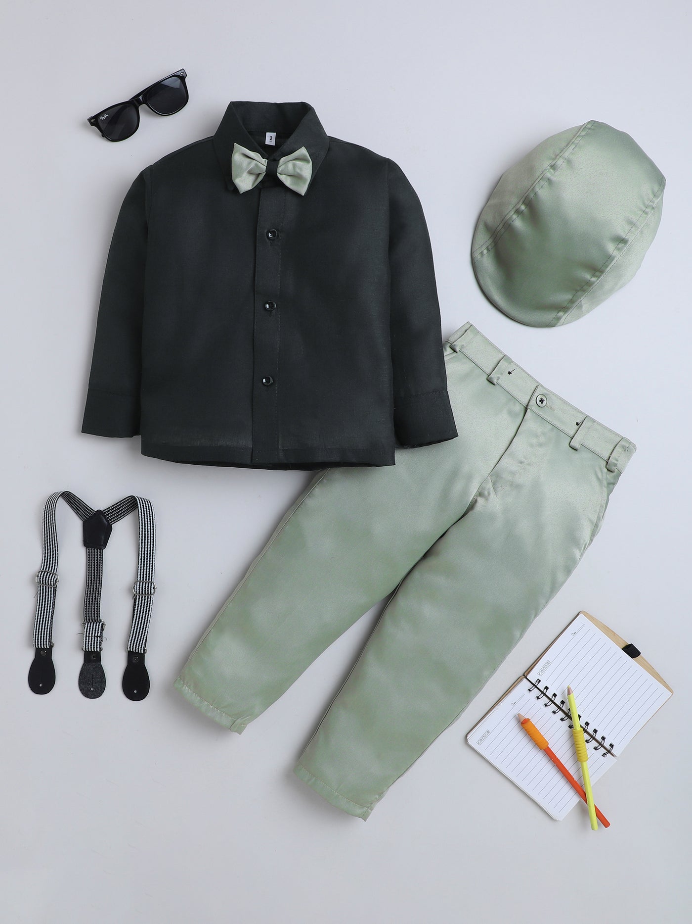 Boys Cotton Full Sleeves Solid Shirt & Trouser Set With Cap, Suspender, Bow