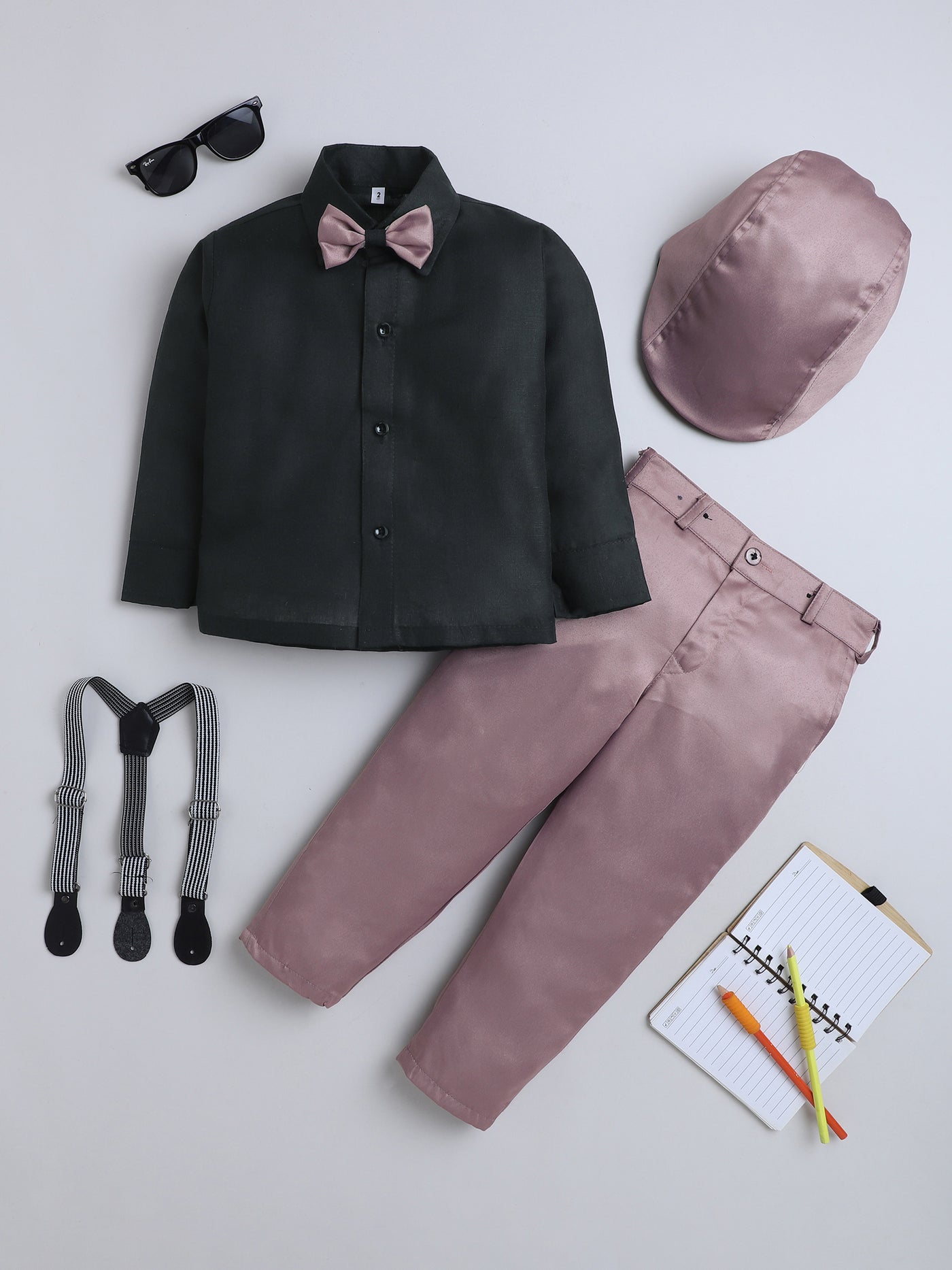 Boys Cotton Full Sleeves Solid Shirt & Trouser Set With Cap, Suspender, Bow