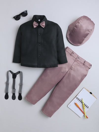 Boys Cotton Full Sleeves Solid Shirt & Trouser Set With Cap, Suspender, Bow