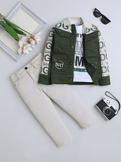 Boys Cotton Blend Graphic Print Jacket T-shirt & Trouser Set