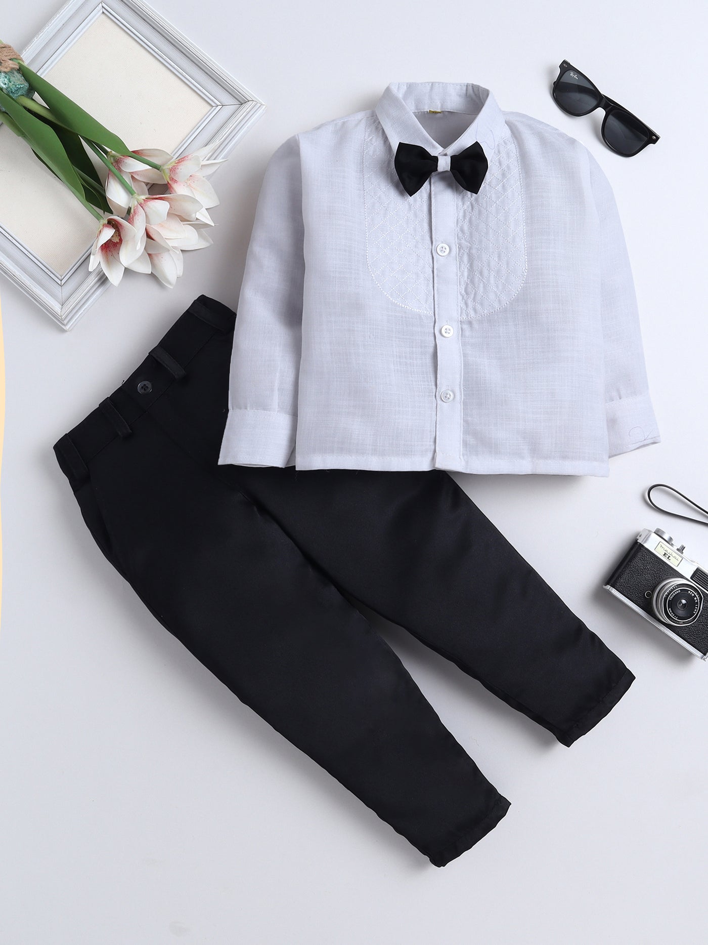 Boys Diamond Embroidery Bib Shirt & Pant Set With Bow
