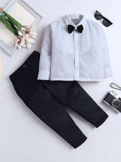 Boys Diamond Embroidery Bib Shirt & Pant Set With Bow