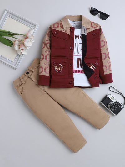 Boys Cotton Blend Graphic Print Jacket T-shirt & Trouser Set