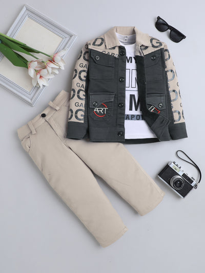 Boys Cotton Blend Graphic Print Jacket T-shirt & Trouser Set