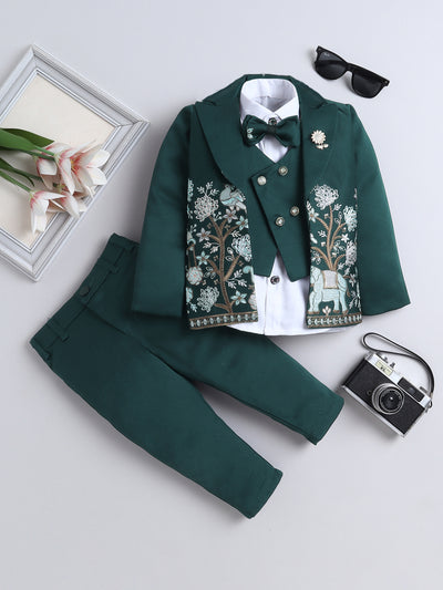 Boys Sequins Embellished Embroidered 3 Piece Suit Set With Bow