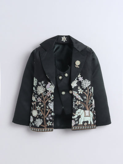 Boys Sequins Embellished Embroidered 3 Piece Suit Set With Bow