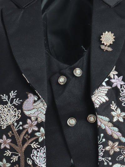 Boys Sequins Embellished Embroidered 3 Piece Suit Set With Bow