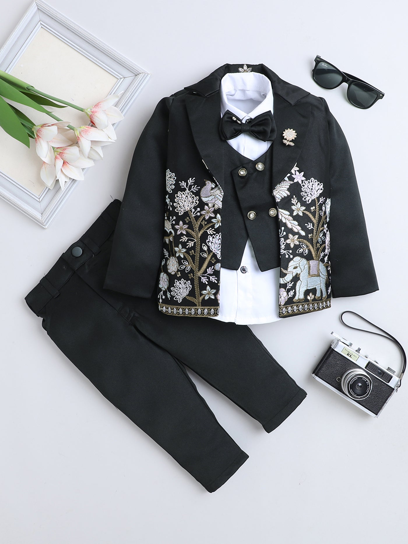 Boys Sequins Embellished Embroidered 3 Piece Suit Set With Bow