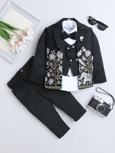 Boys Sequins Embellished Embroidered 3 Piece Suit Set With Bow