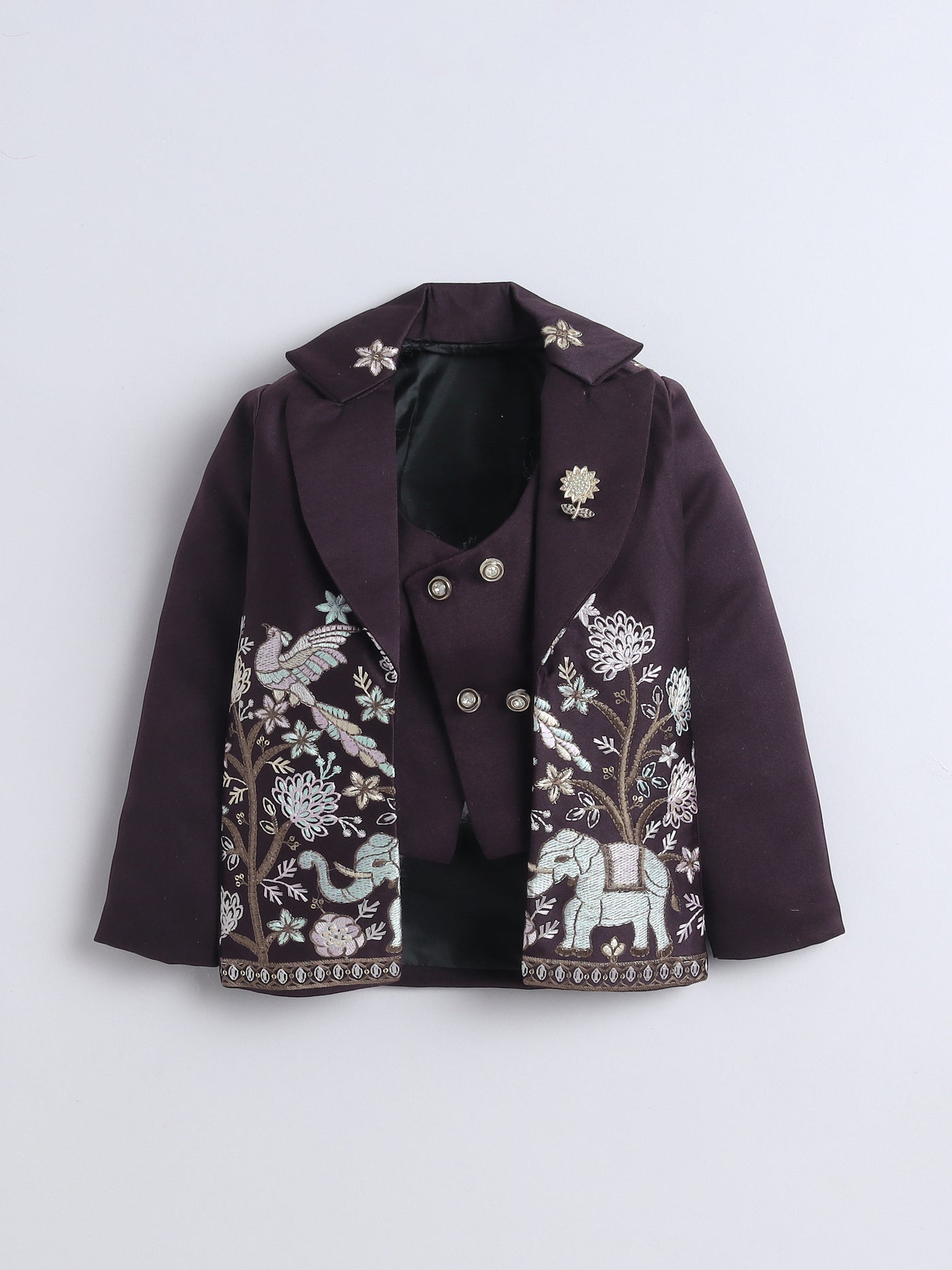 Boys Sequins Embellished Embroidered 3 Piece Suit Set With Bow