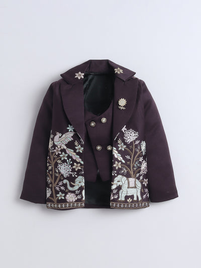 Boys Sequins Embellished Embroidered 3 Piece Suit Set With Bow