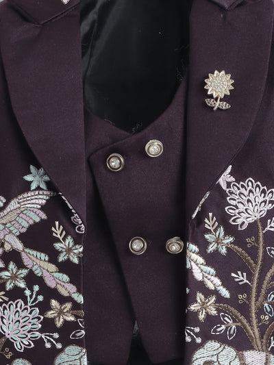 Boys Sequins Embellished Embroidered 3 Piece Suit Set With Bow