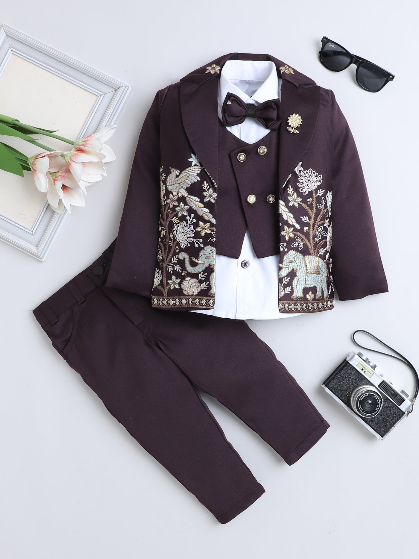 Boys Sequins Embellished Embroidered 3 Piece Suit Set With Bow