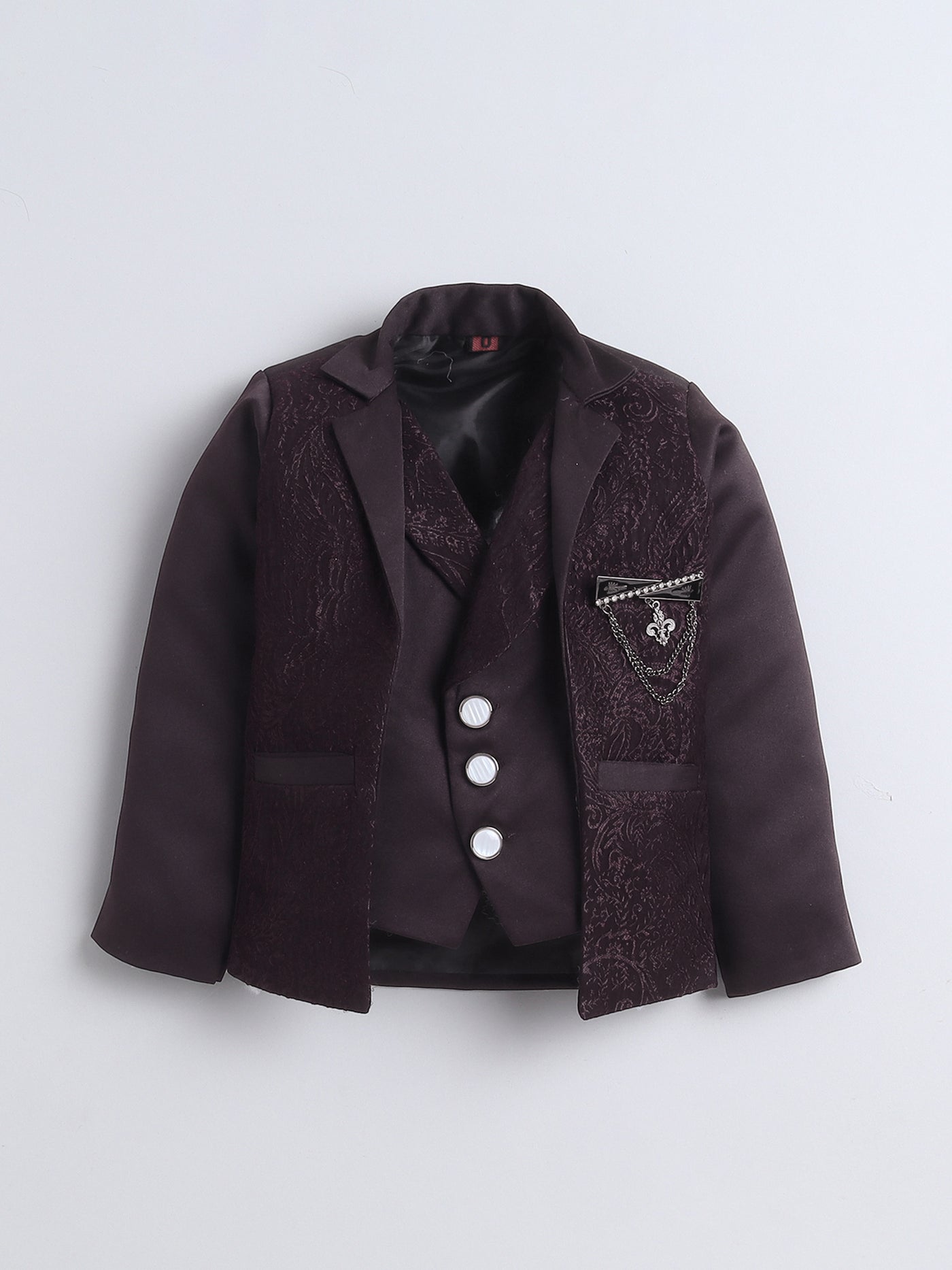 Boys Vine Motifs 3 Piece Suit Set With Bow