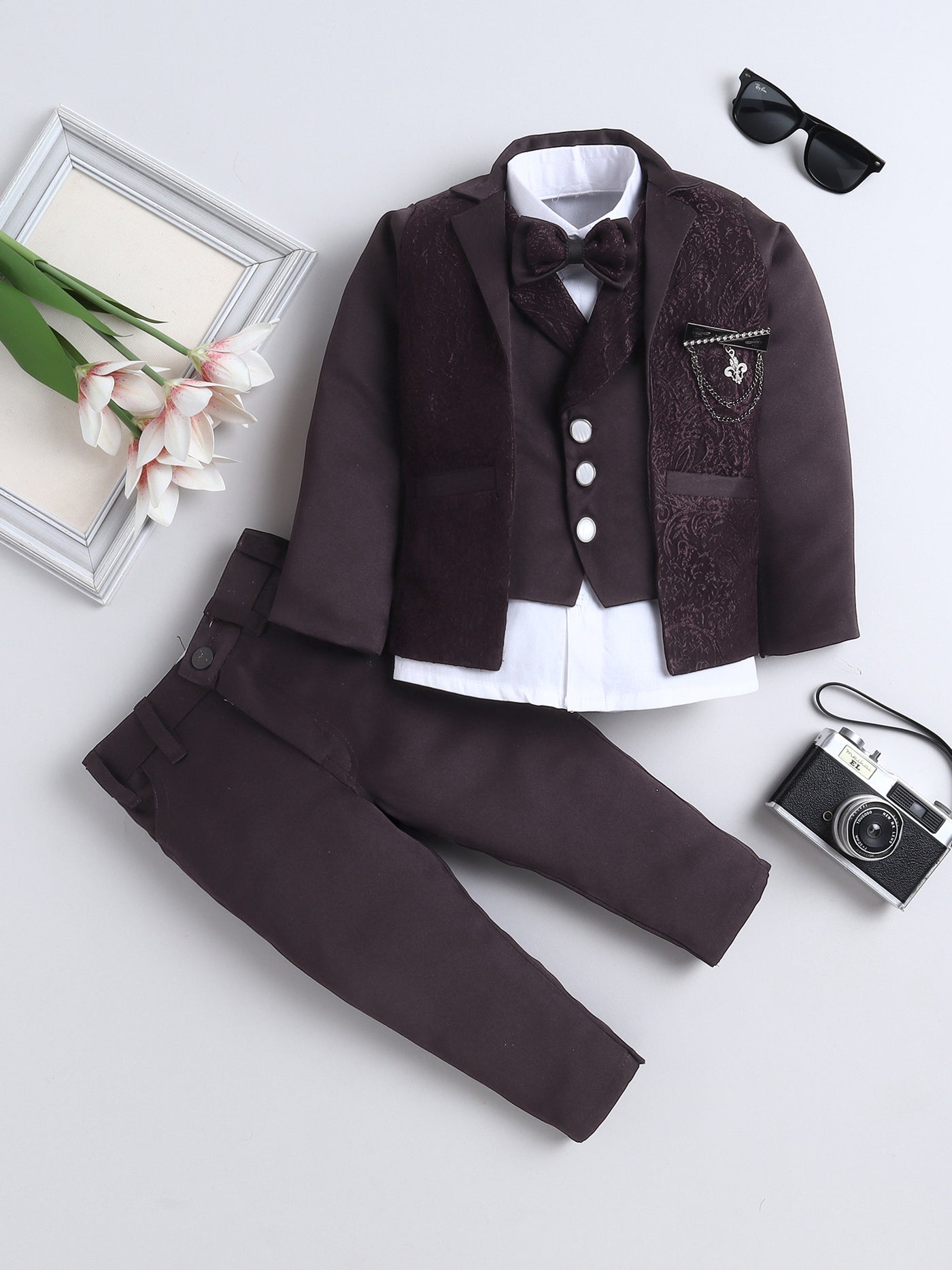 Boys Vine Motifs 3 Piece Suit Set With Bow