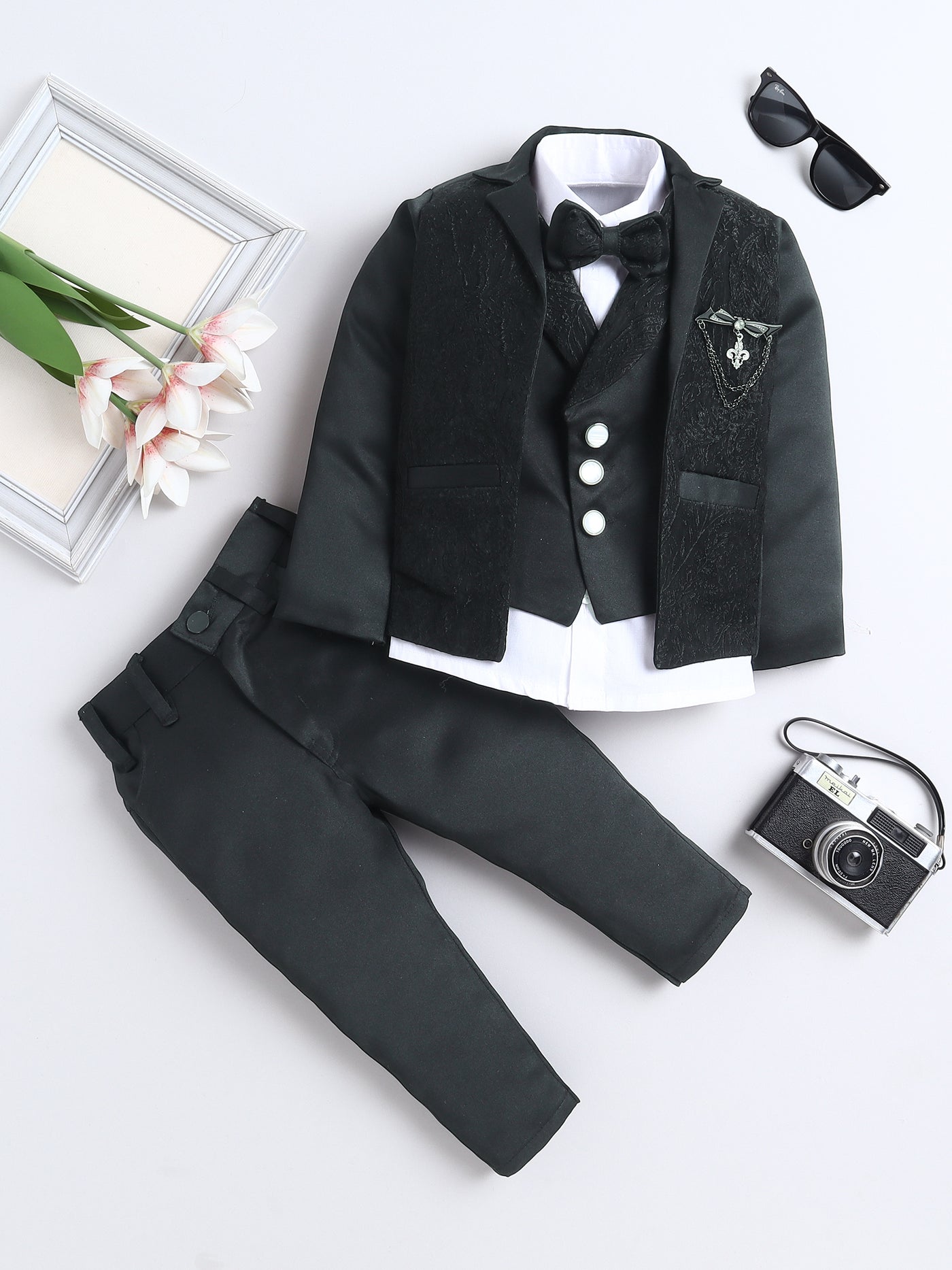 Boys Vine Motifs 3 Piece Suit Set With Bow