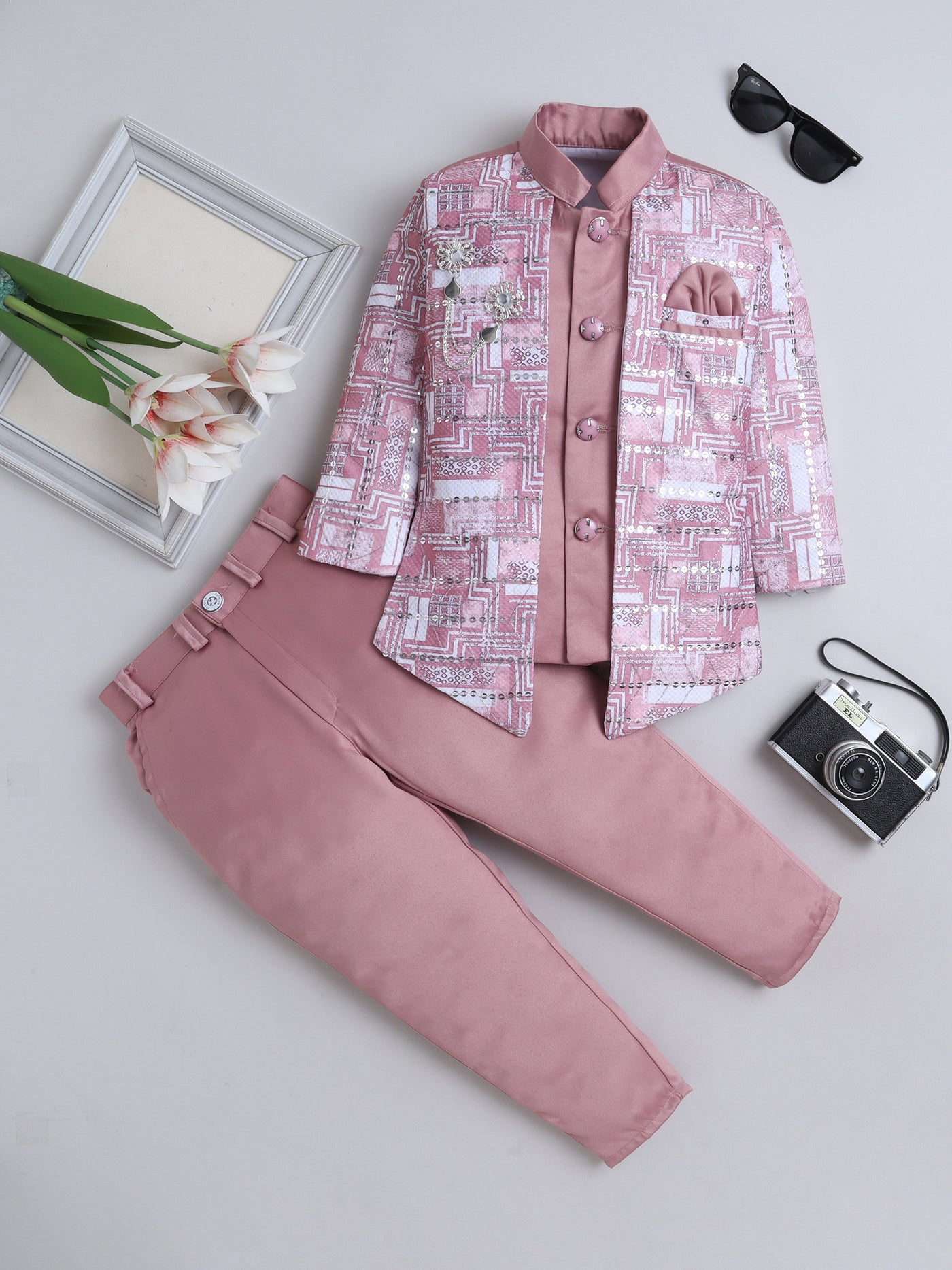 Boys Abstract Geometric Pattern With zari & Sequins Work Sherwani Set