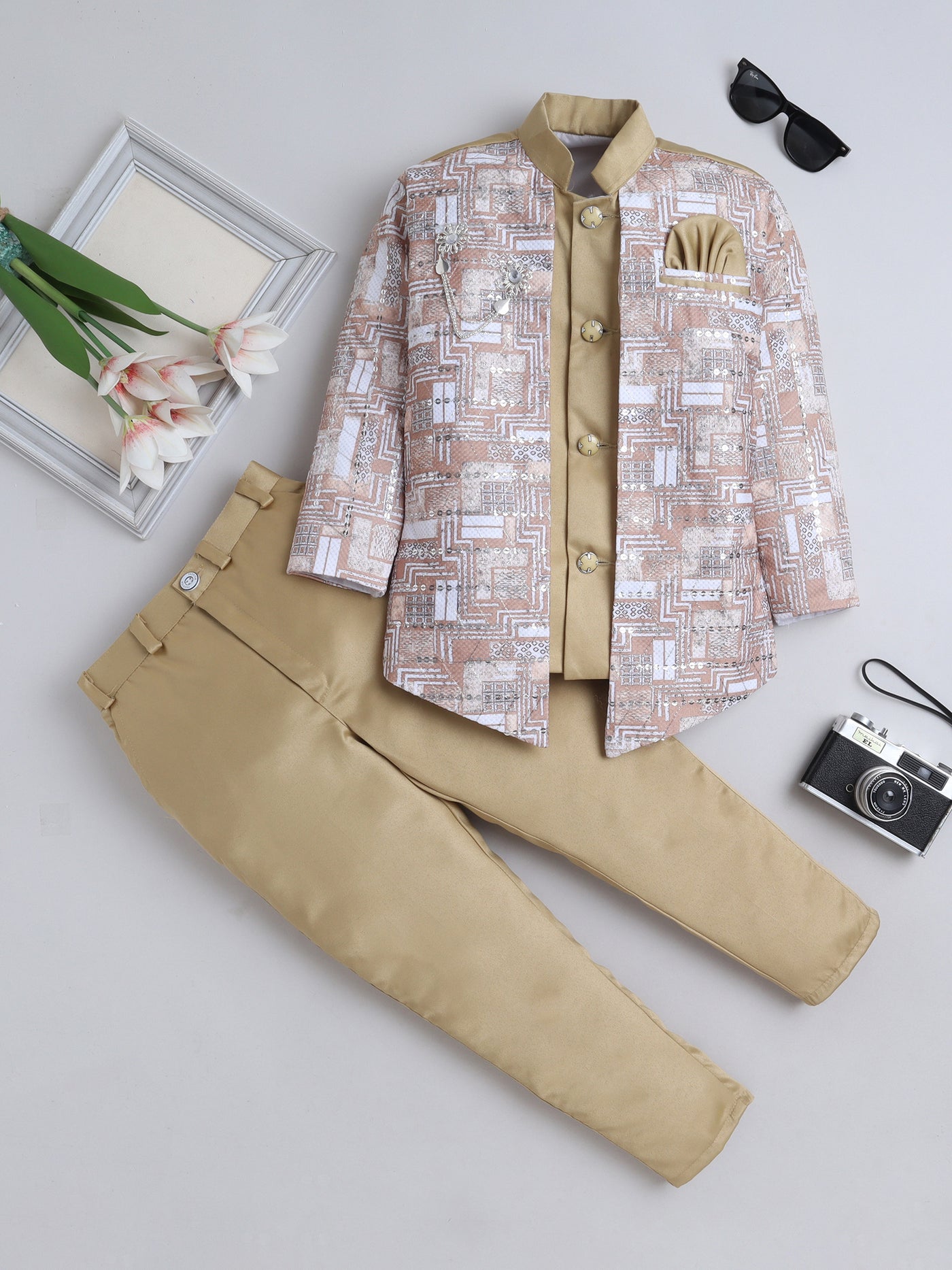 Boys Abstract Geometric Pattern With zari & Sequins Work Sherwani Set