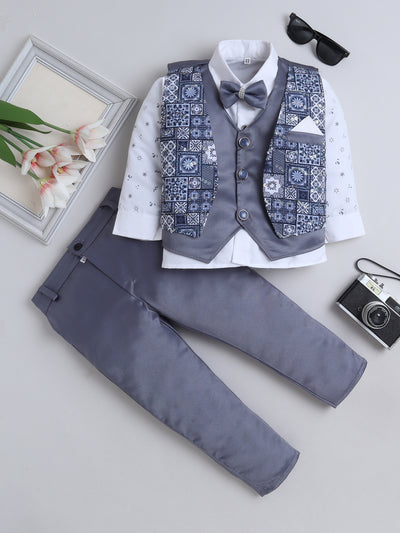 Boys Geometric Print With Sequins Work 4 Piece Suit Set