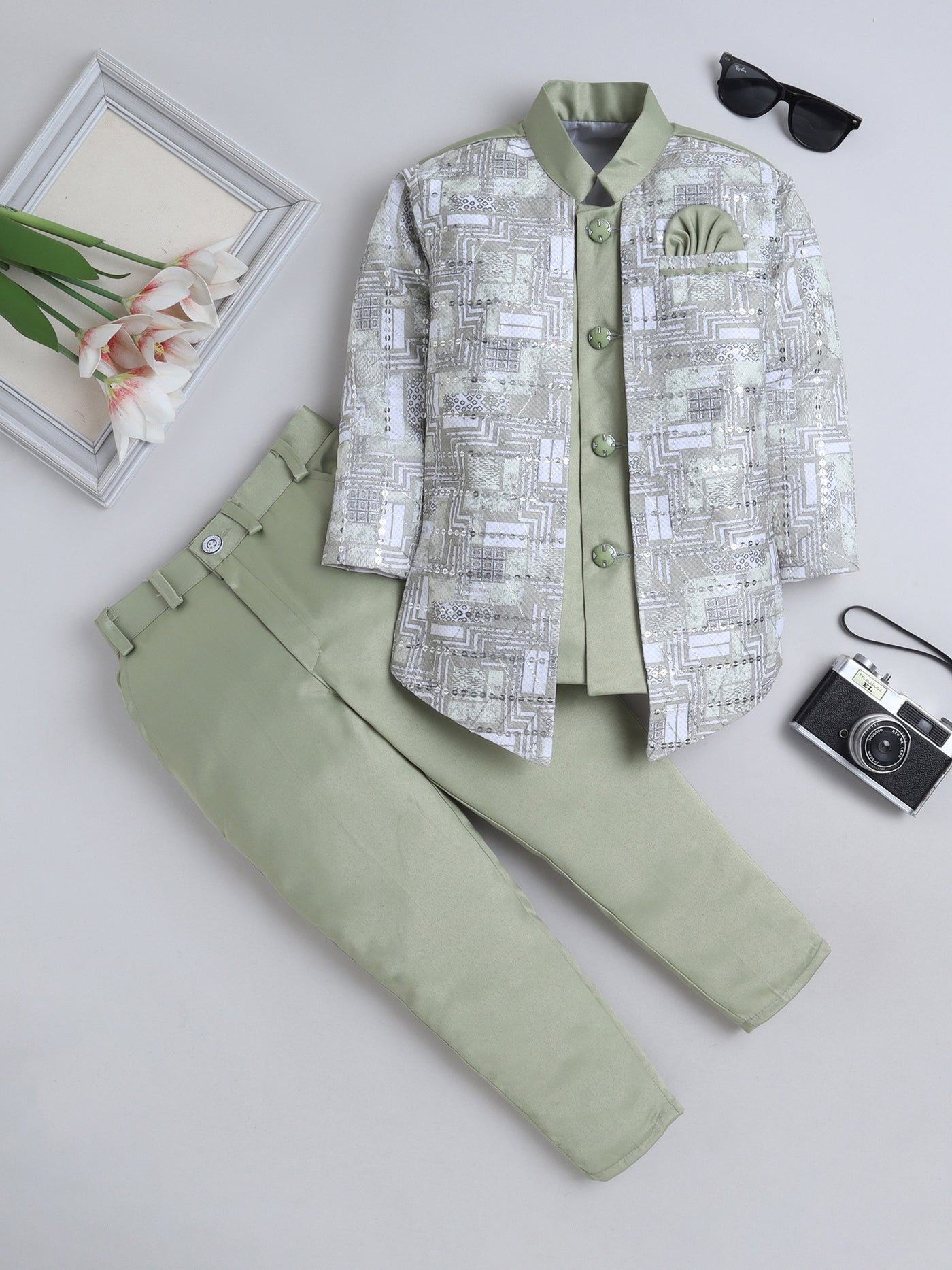 Boys Abstract Geometric Pattern With zari & Sequins Work Sherwani Set