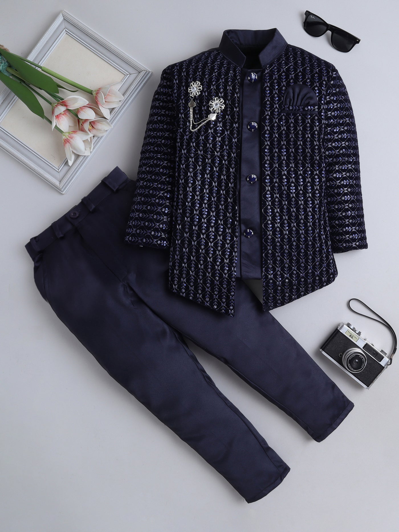 Boys Sequins Embellished Leaf Motifs Sherwani Set