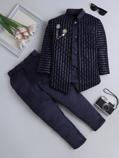 Boys Sequins Embellished Leaf Motifs Sherwani Set