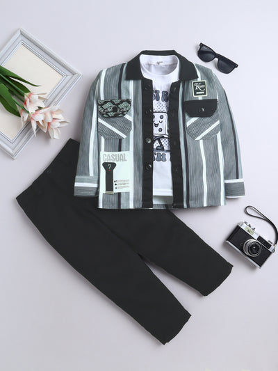 Boys Striped Shirt & Trouser Set With Printed T-shirt