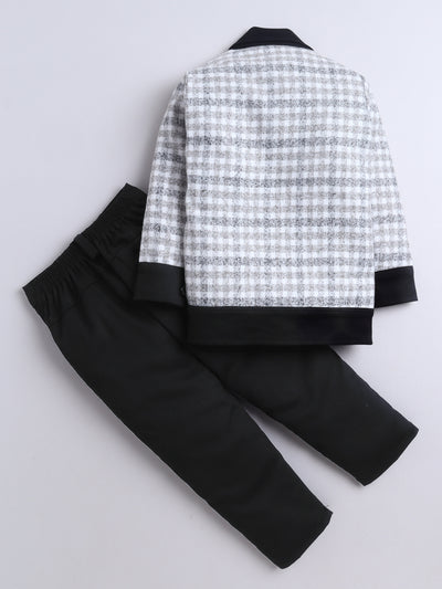 Boys Checked Jacket & Trouser Set With Printed T-shirt