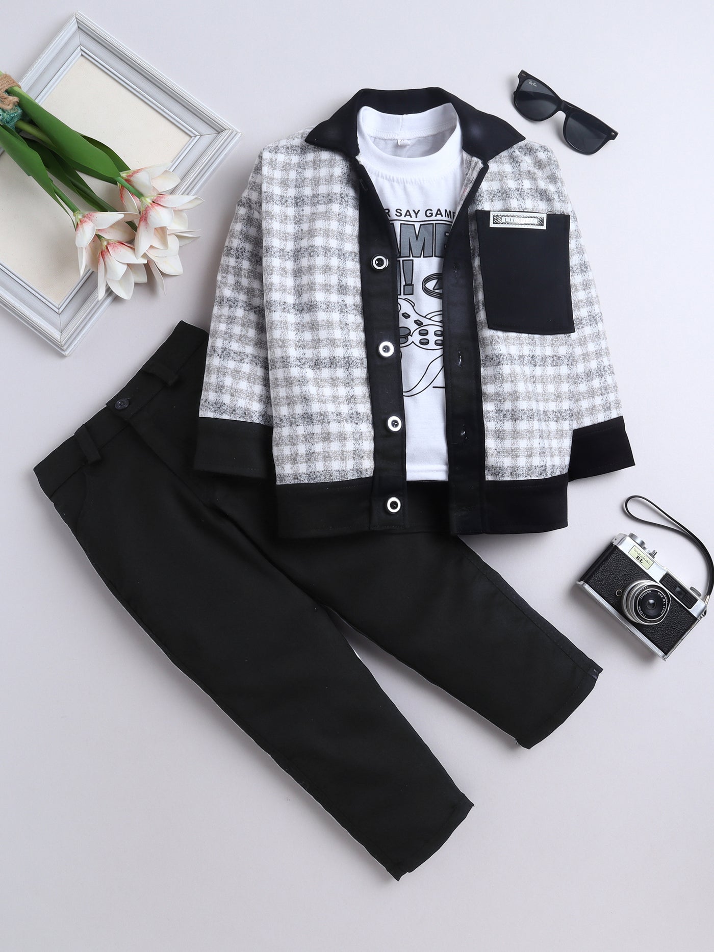 Boys Checked Jacket & Trouser Set With Printed T-shirt