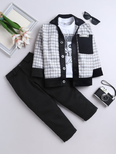 Boys Checked Jacket & Trouser Set With Printed T-shirt