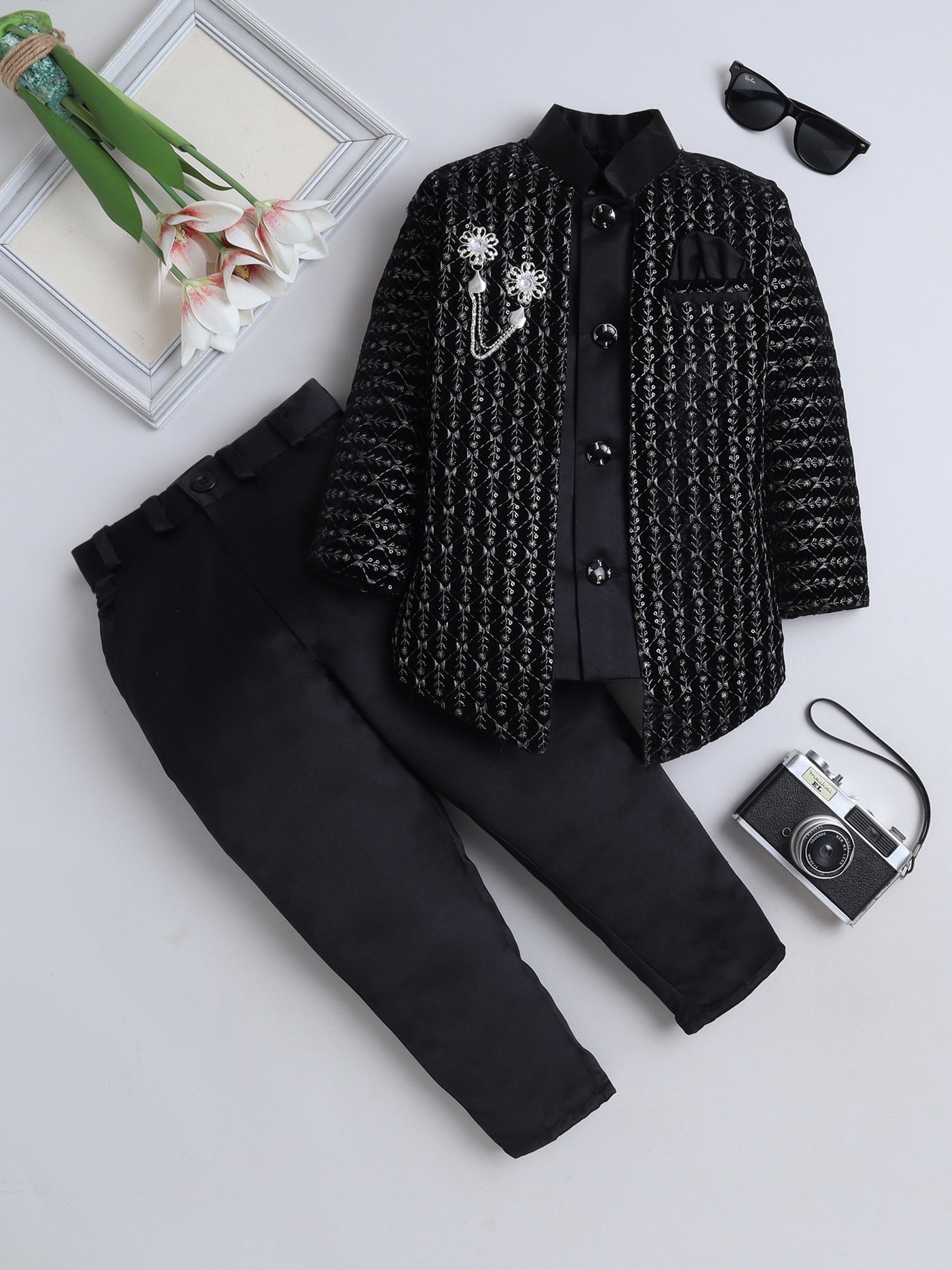 Boys Sequins Embellished Leaf Motifs Sherwani Set