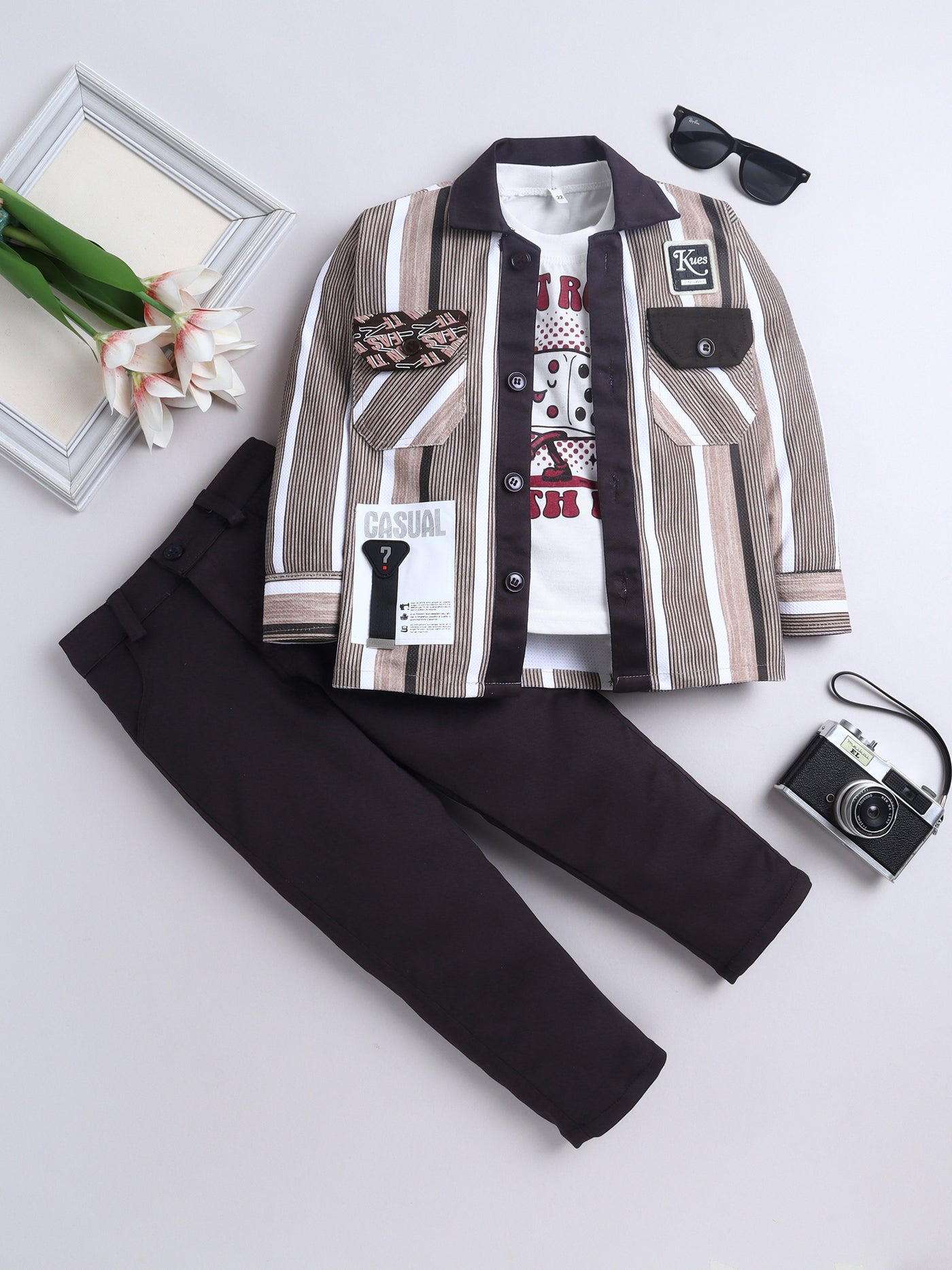 Boys Striped Shirt & Trouser Set With Printed T-shirt