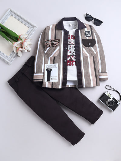 Boys Striped Shirt & Trouser Set With Printed T-shirt